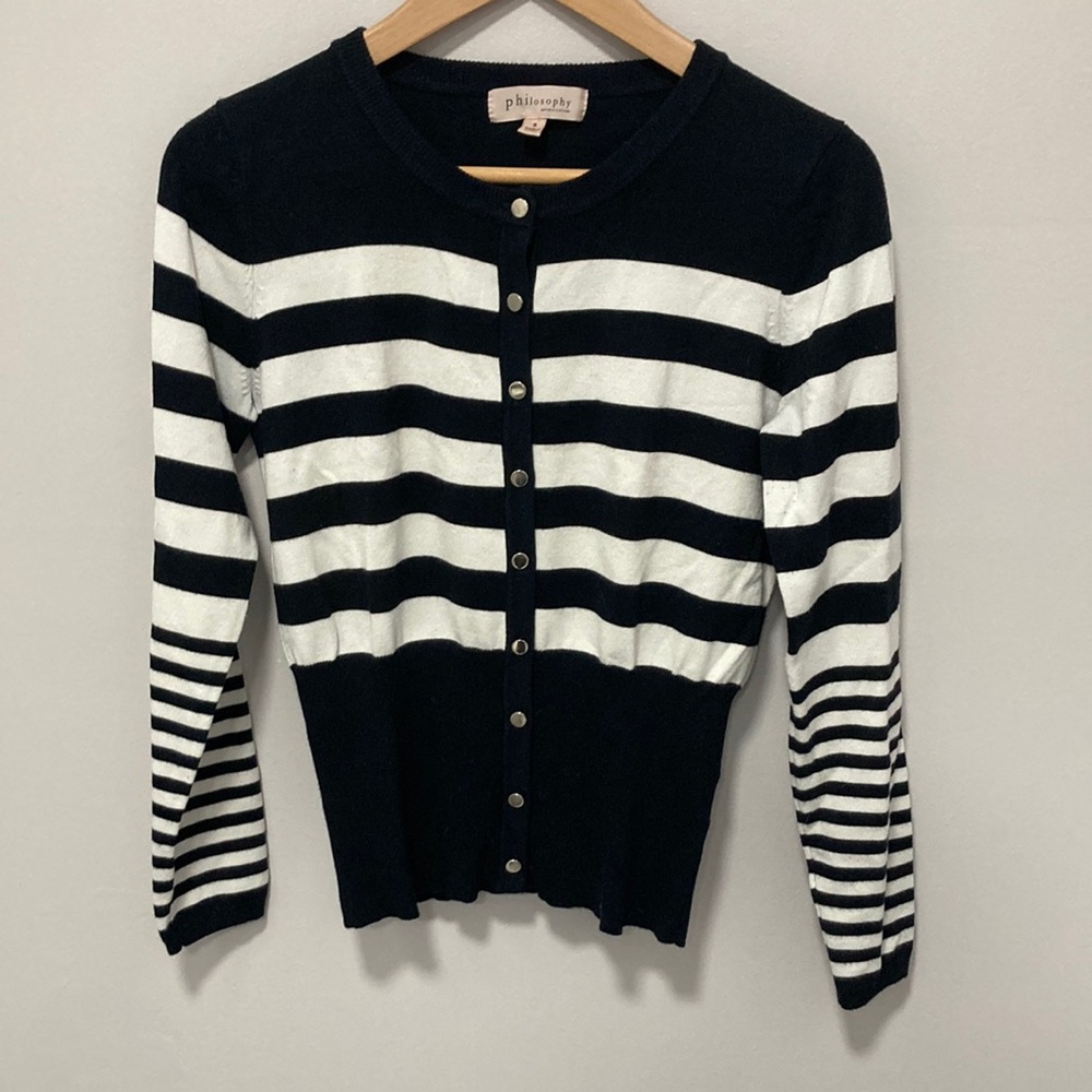 3/$15 Philosophy republic clothing black & white sweater size S great condition